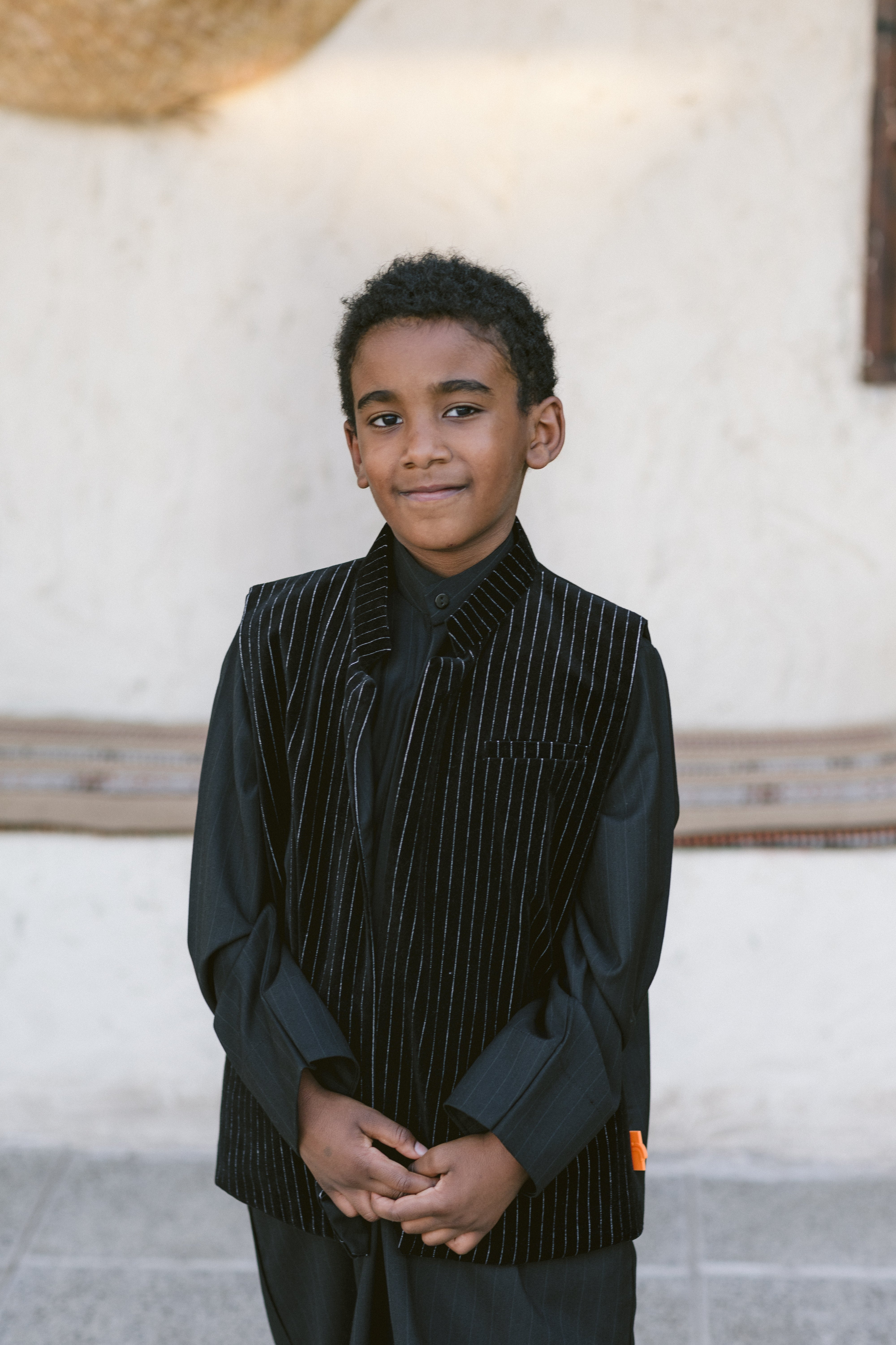 Black Striped Dishdasha with Velvet Striped Vest