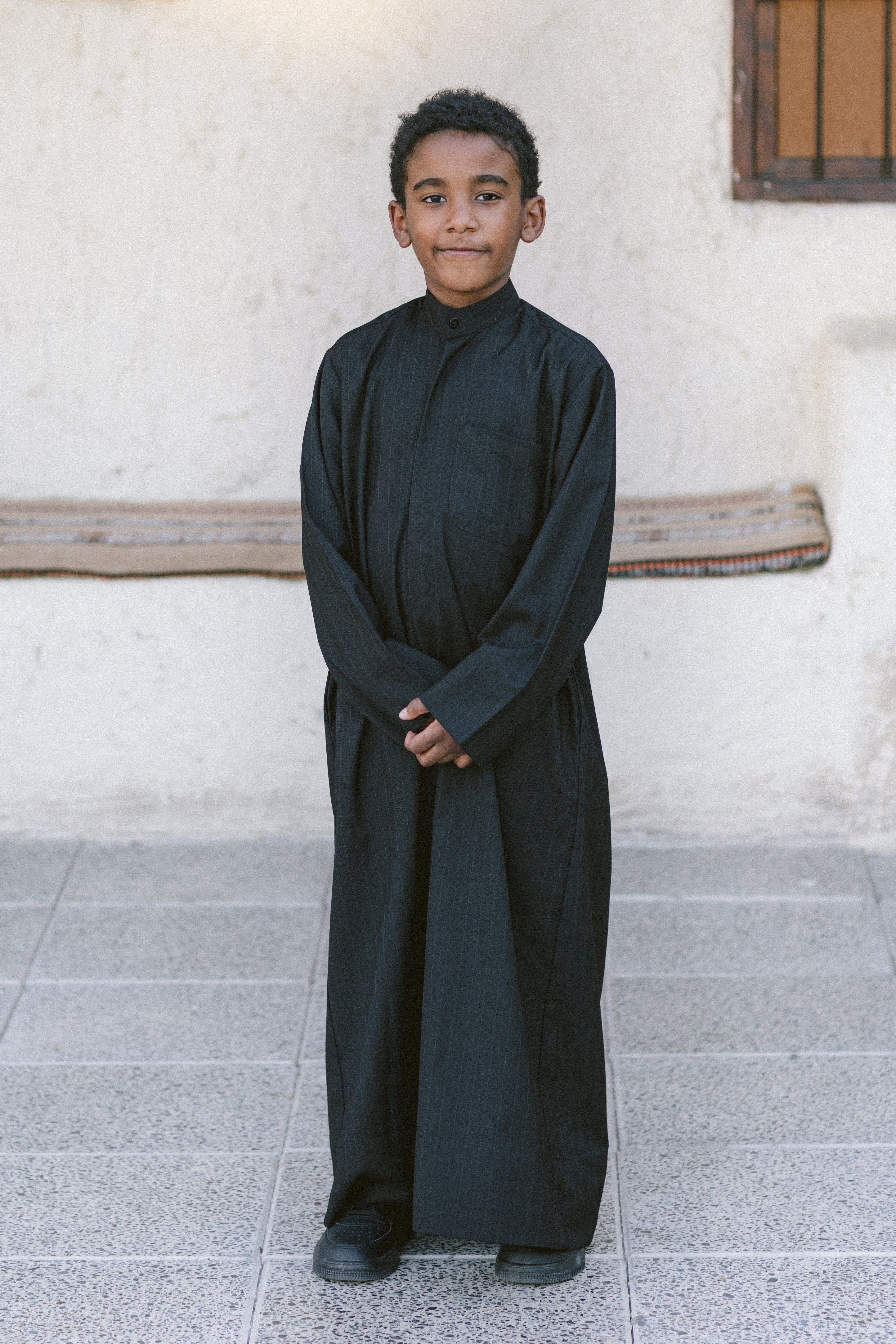 Black Striped Dishdasha with Velvet Striped Vest
