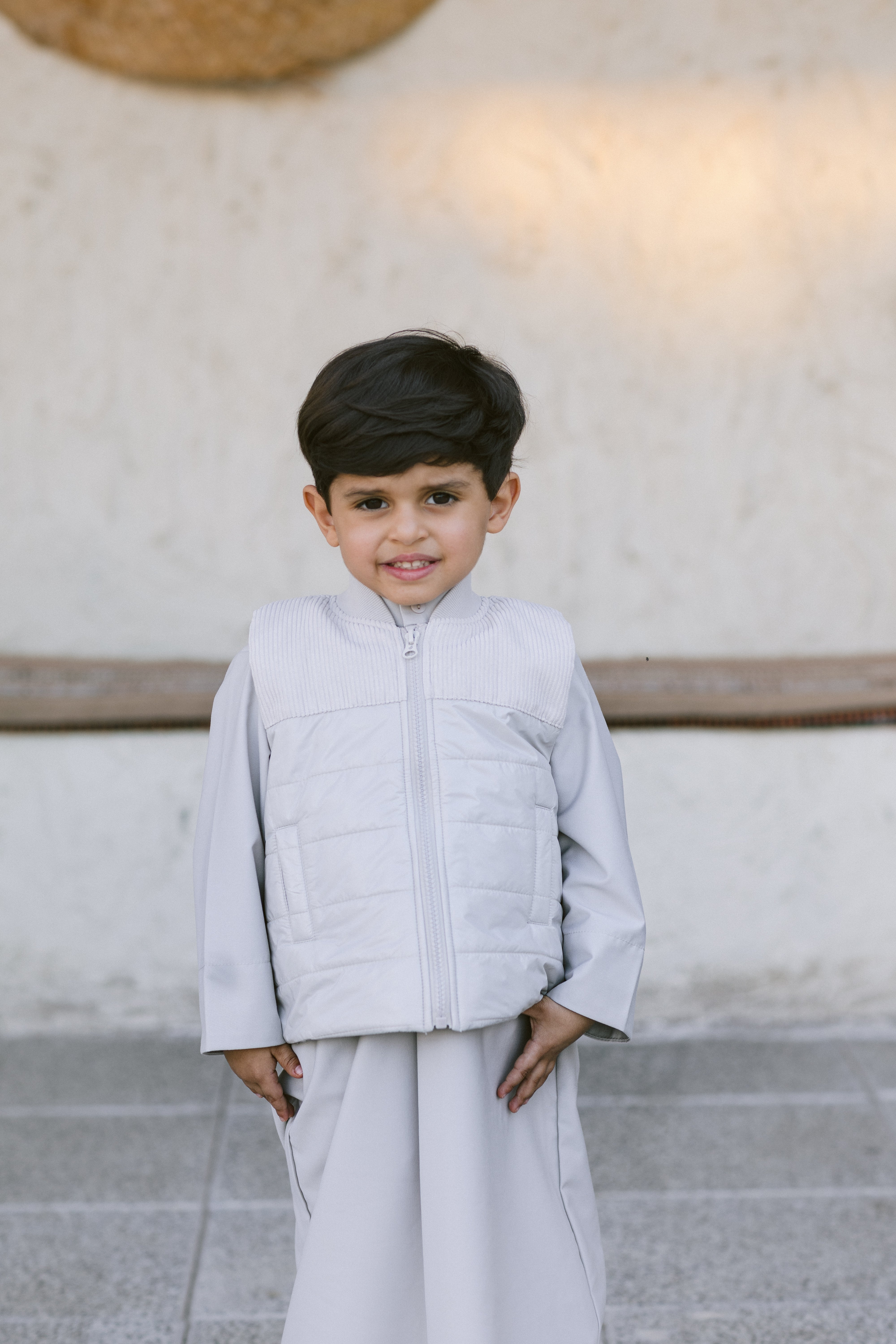 Greige Dishdasha with Puff Suede Vest