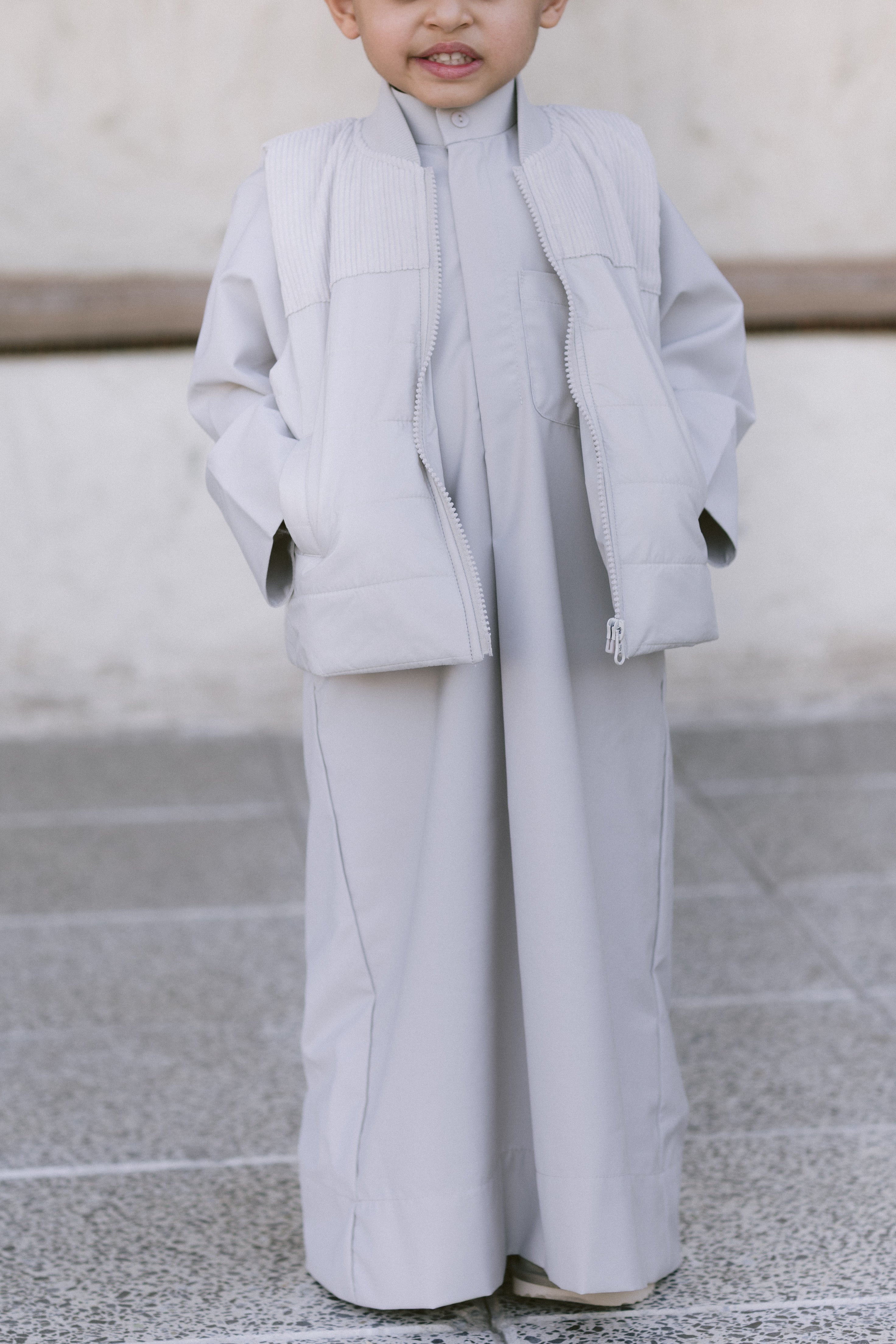 Greige Dishdasha with Puff Suede Vest