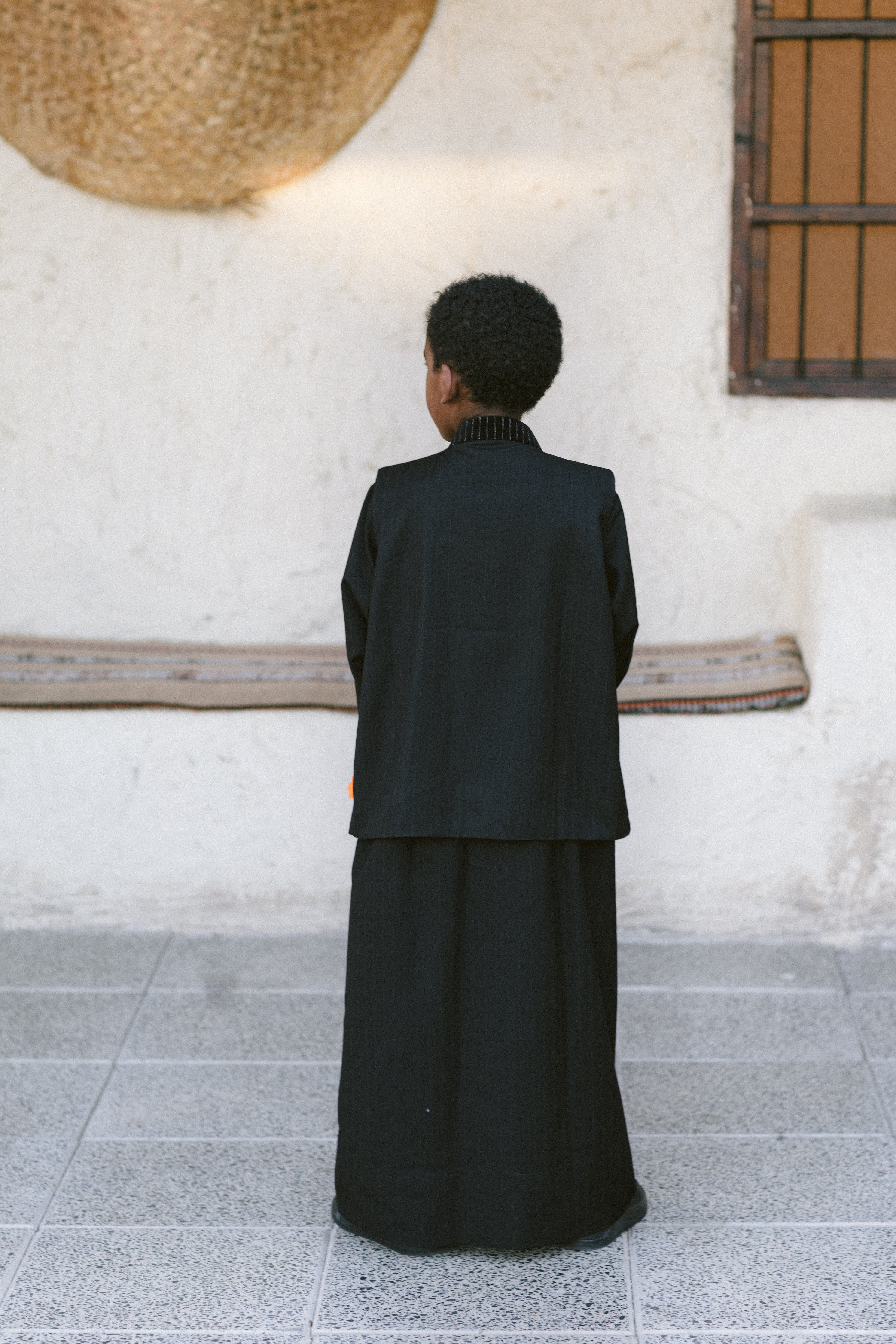 Black Striped Dishdasha with Velvet Striped Vest